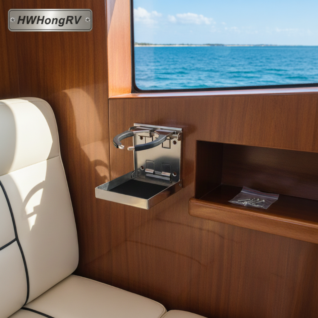 船用级 304 不锈钢可调节折叠杯架 - 适用于船、房车和游艇的壁挂式饮料架